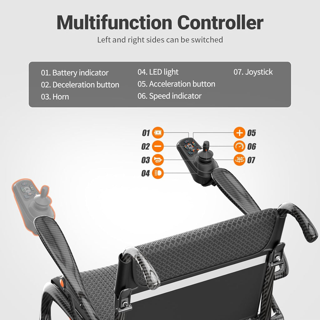 28 lbs Carbon Fiber Ultralight Foldable Electric Wheelchair – Dual Battery, 28-Mile Range
