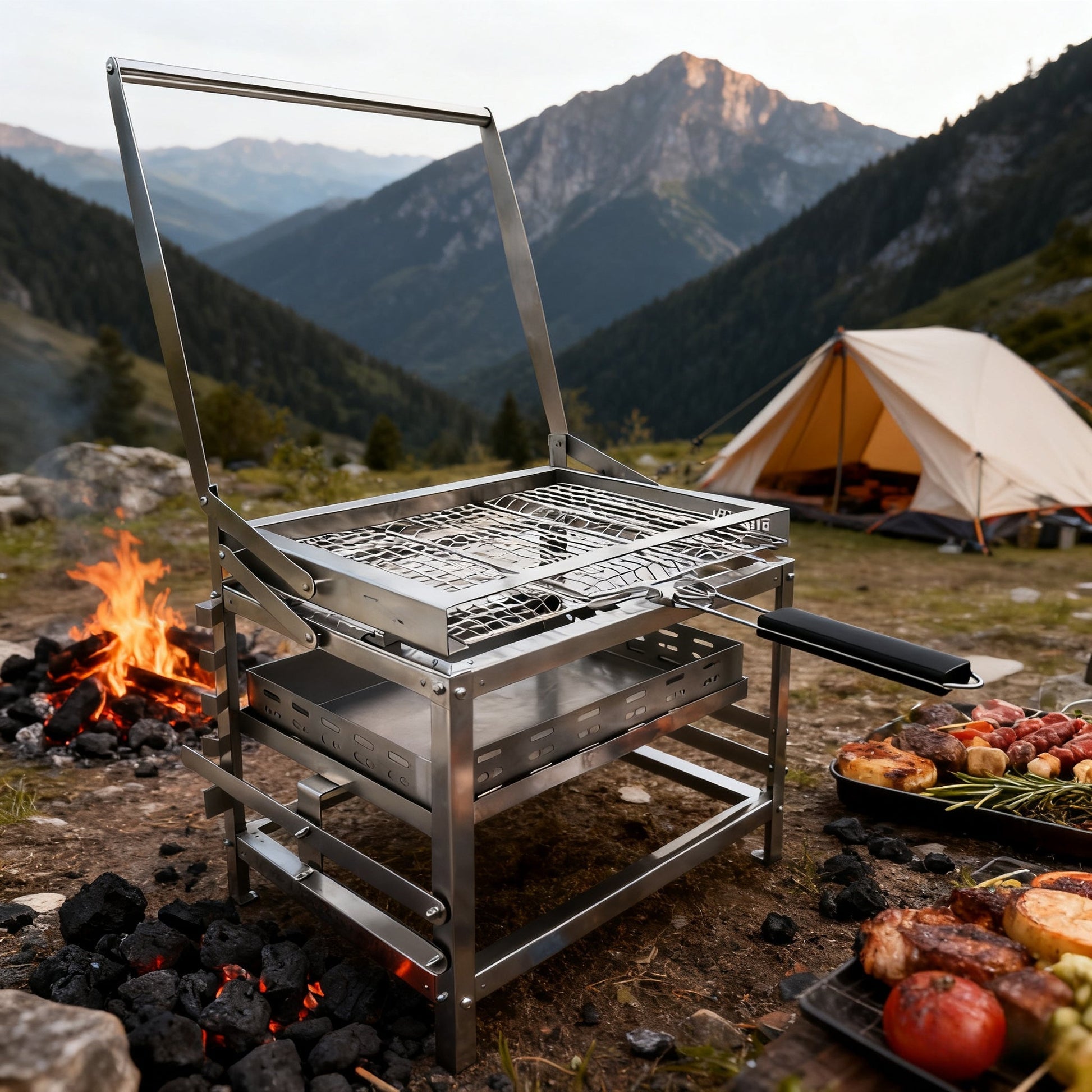 Portable 360° Rotating Charcoal Grill with Flipping Basket - Stainless Steel