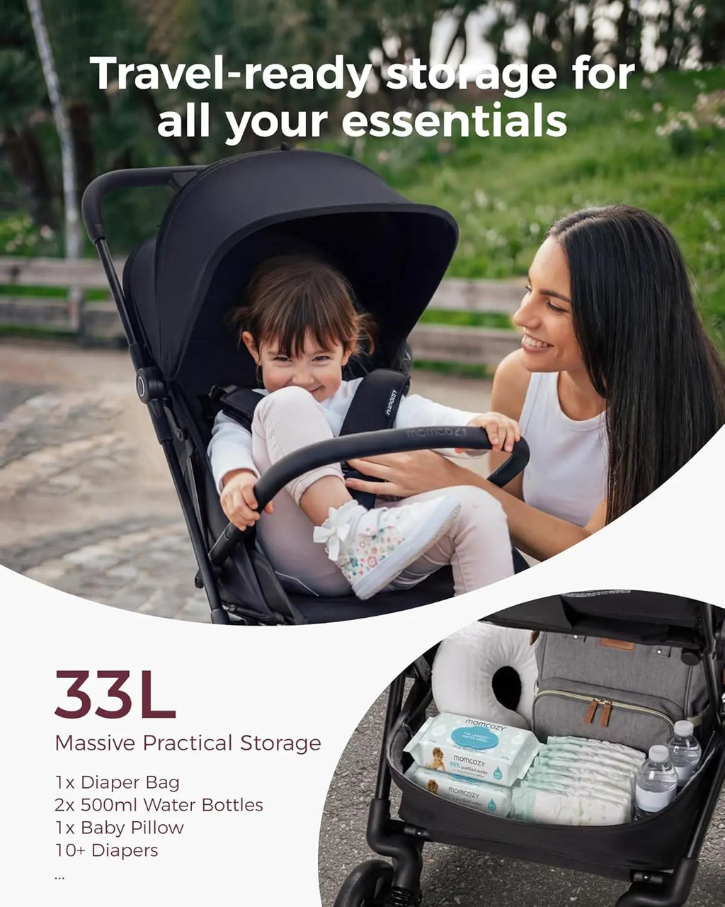 Lightweight Travel Stroller, One Click Fold for Toddlers 6M-3Y, 33L Bottom Storage